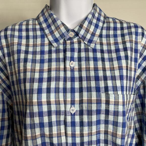 Carbon 2 Cobalt Men's Linen Check Button Up Shirt Size L Preppy Old Money Casual - Picture 8 of 13